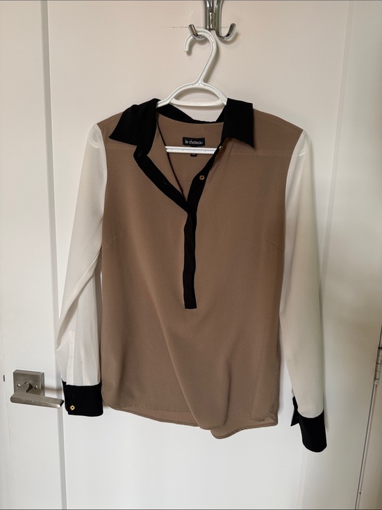 le chateau Tops - Le Chateau Taupe, Black & White Colorblock Button-Front Blouse